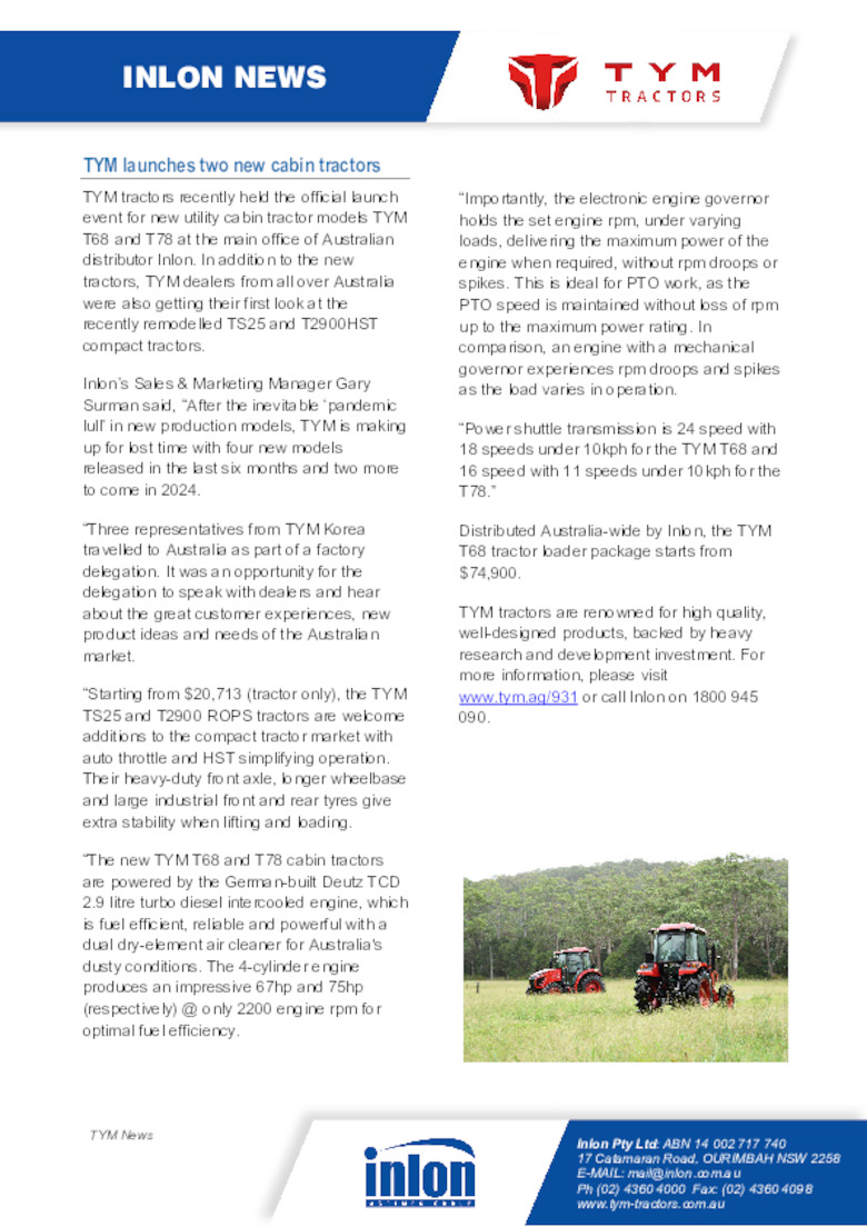 TYM launches two new cabin tractors